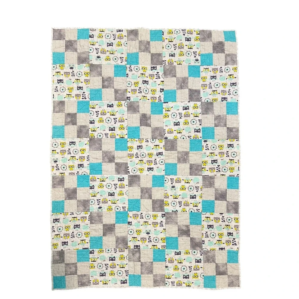 Handmade Owl Patchwork Quilt Aqua Gray Baby Toddler Nursery Woodland